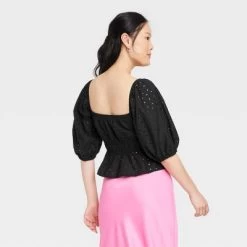 Women's Puff Elbow Sleeve Eyelet Shirt - A New Day™