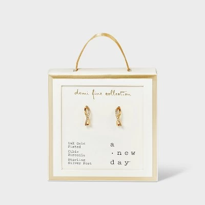 14K Gold Plated Cubic Zirconia Half Hoop Earrings - A New Day™ Gold 3 14K Gold Plated Cubic Zirconia Half Hoop Earrings - A New Day™ Gold - Image 3