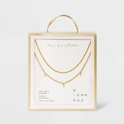 14K Gold Plated Pierced Cubic Zirconia Duo Necklace - A New Day™ 2 14K Gold Plated Pierced Cubic Zirconia Duo Necklace - A New Day™ - Image 2