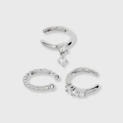 Sterling Silver Cubic Zirconia Dangle Beaded Trio Ear Cuff Set - A New Day™ Silver