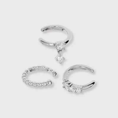 Sterling Silver Cubic Zirconia Dangle Beaded Trio Ear Cuff Set - A New Day™ Silver 1 Sterling Silver Cubic Zirconia Dangle Beaded Trio Ear Cuff Set - A New Day™ Silver