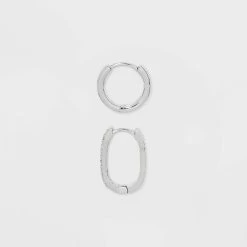 Sterling Silver Polished Round And Pave Rectangular Huggie Hoop Earrings 2pc - A New Day™ Silver