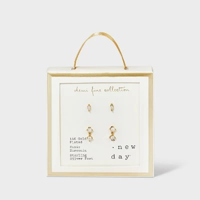 14K Gold Plated Cubic Zirconia Marquise And Dangle Duo Stud Earring Set - A New Day™ Gold 2 14K Gold Plated Cubic Zirconia Marquise And Dangle Duo Stud Earring Set - A New Day™ Gold - Image 2